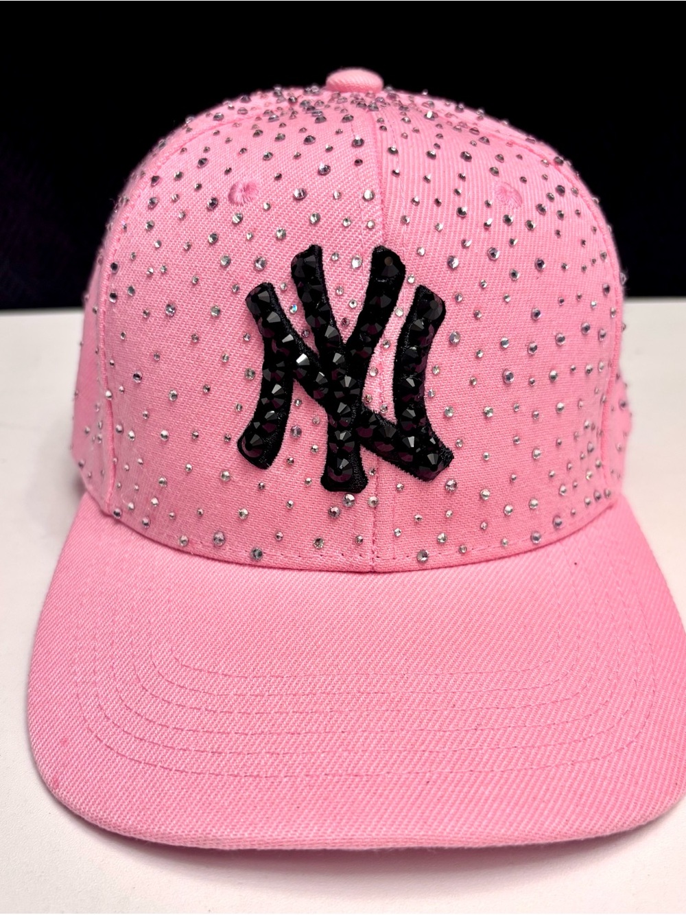 Pink Rhinestone Baseball Cap with Black Rhinestoned Yankees Logo